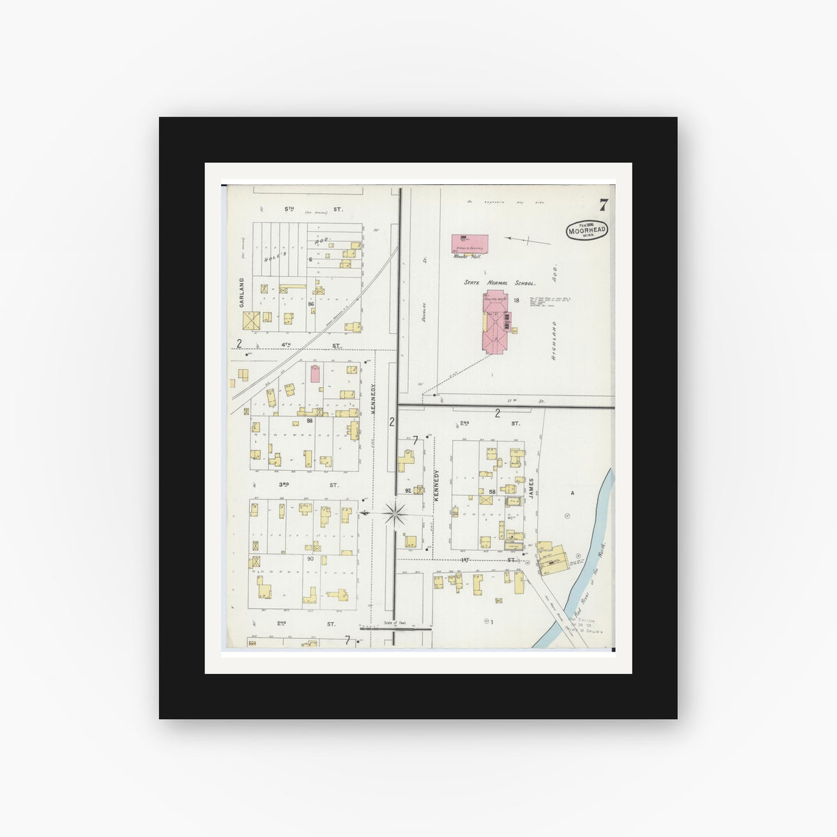 Old map wall art mockup — black gallery frame with white mat — Sanborn Fire Insurance Map from Moorhead, Clay County, Minnesota (1896), Sheet #0007