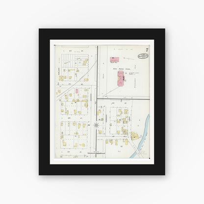 Old map wall art mockup — black gallery frame with white mat — Sanborn Fire Insurance Map from Moorhead, Clay County, Minnesota (1896), Sheet #0007