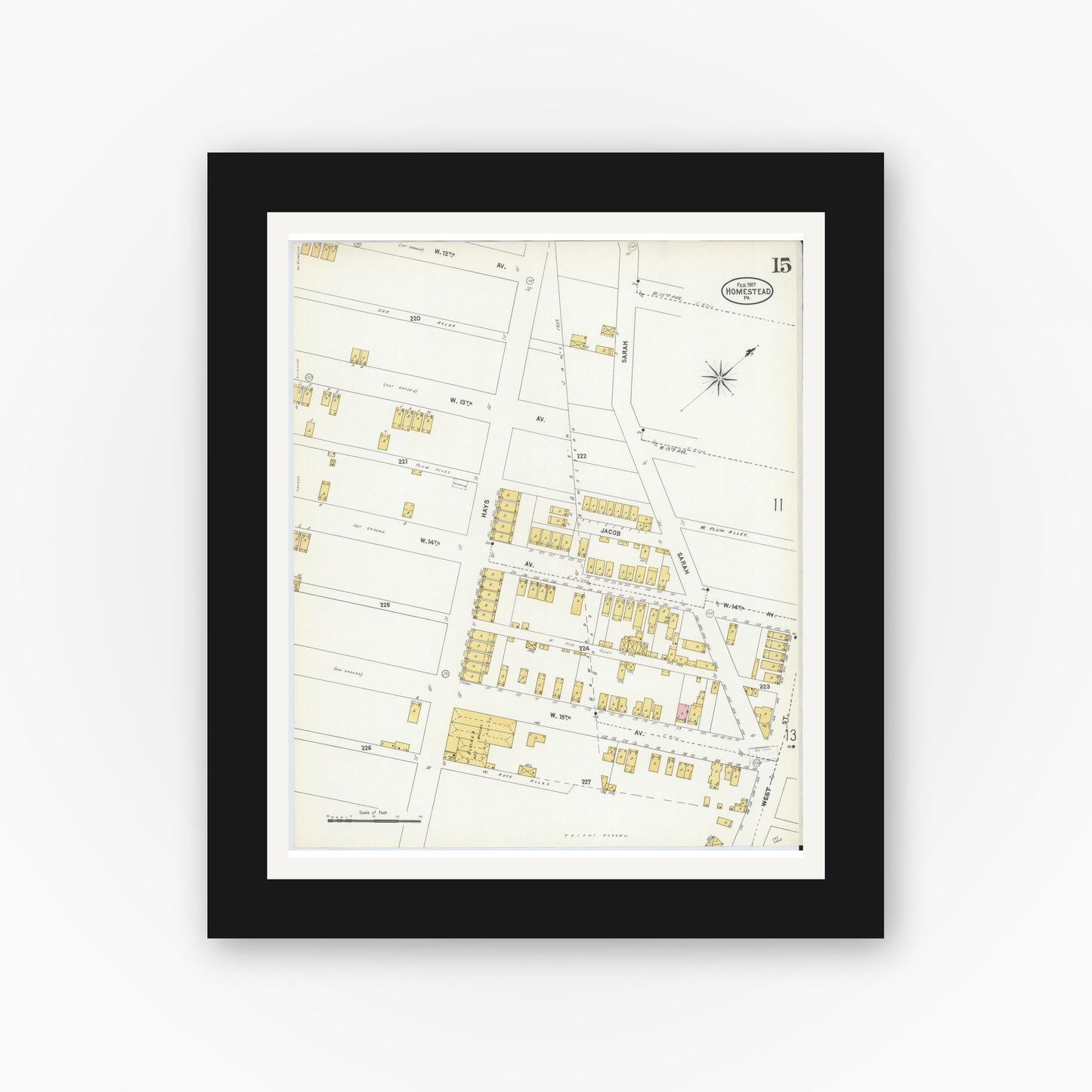 Old map wall art mockup — black gallery frame with white mat — Sanborn Fire Insurance Map from Homestead, Allegheny County, Pennsylvania (1907), Sheet #0015