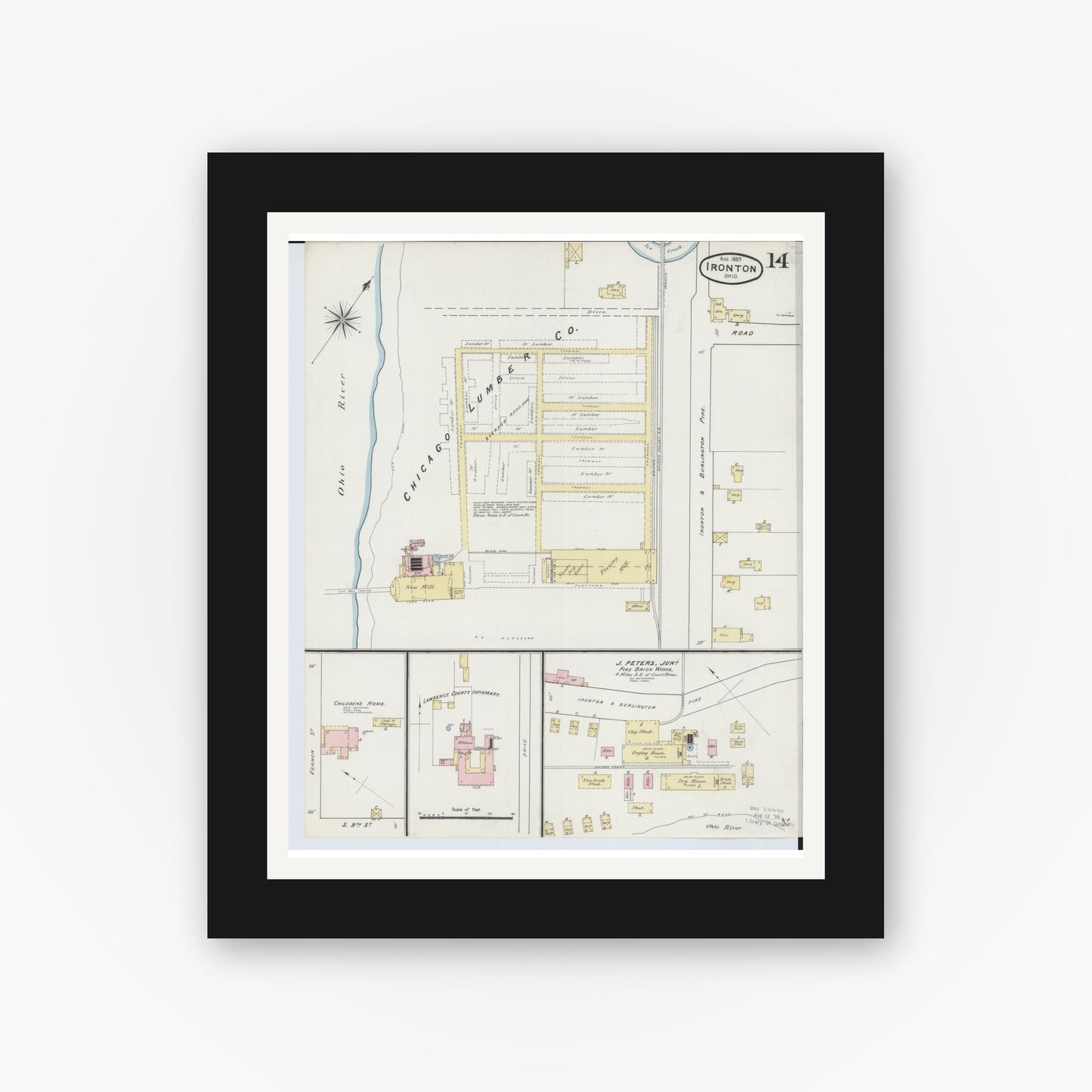 Old map wall art mockup — black gallery frame with white mat — Sanborn Fire Insurance Map from Ironton, Lawrence County, Ohio (1889), Sheet #0014