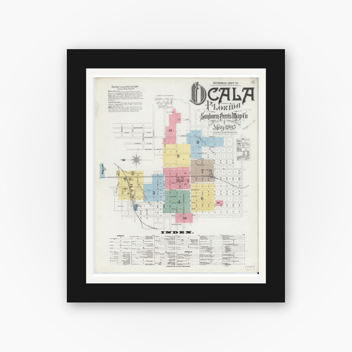 Old map wall art mockup — black gallery frame with white mat — Sanborn Fire Insurance Map from Ocala, Marion County, Florida (1895), Sheet #0001