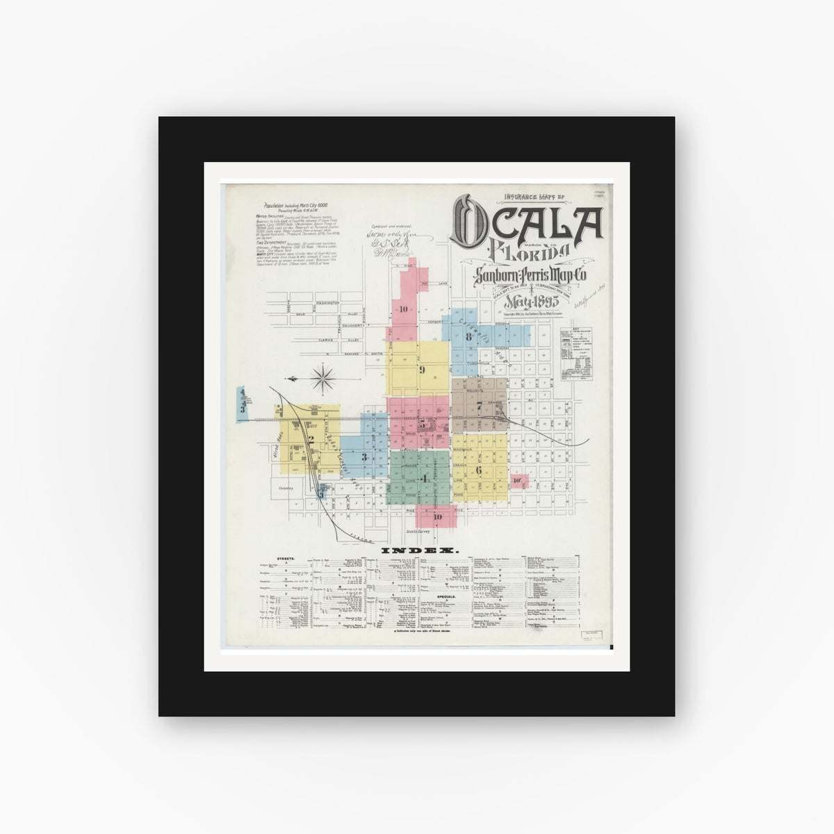 Old map wall art mockup — black gallery frame with white mat — Sanborn Fire Insurance Map from Ocala, Marion County, Florida (1895), Sheet #0001