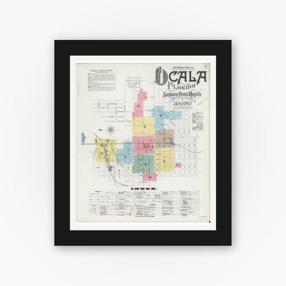Old map wall art mockup — black gallery frame with white mat — Sanborn Fire Insurance Map from Ocala, Marion County, Florida (1895), Sheet #0001