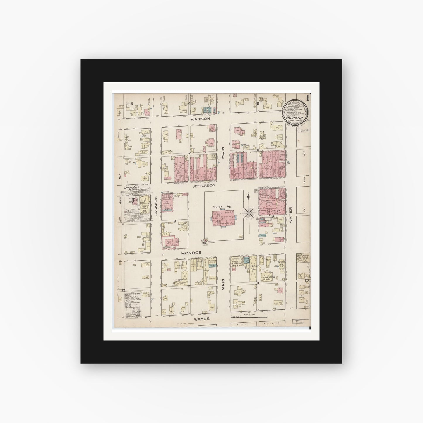 Old map wall art mockup — black gallery frame with white mat — Sanborn Fire Insurance Map from Franklin, Johnson County, Indiana (1886), Sheet #0001