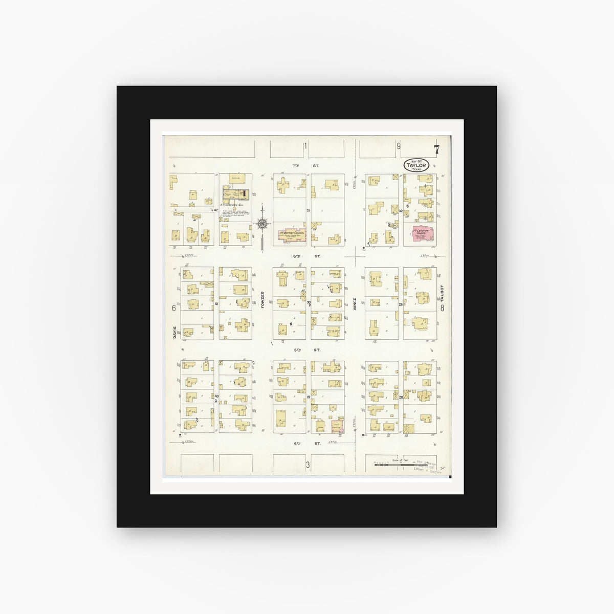 Old map wall art mockup — black gallery frame with white mat — Sanborn Fire Insurance Map from Taylor, Williamson County, Texas (1912), Sheet #0007