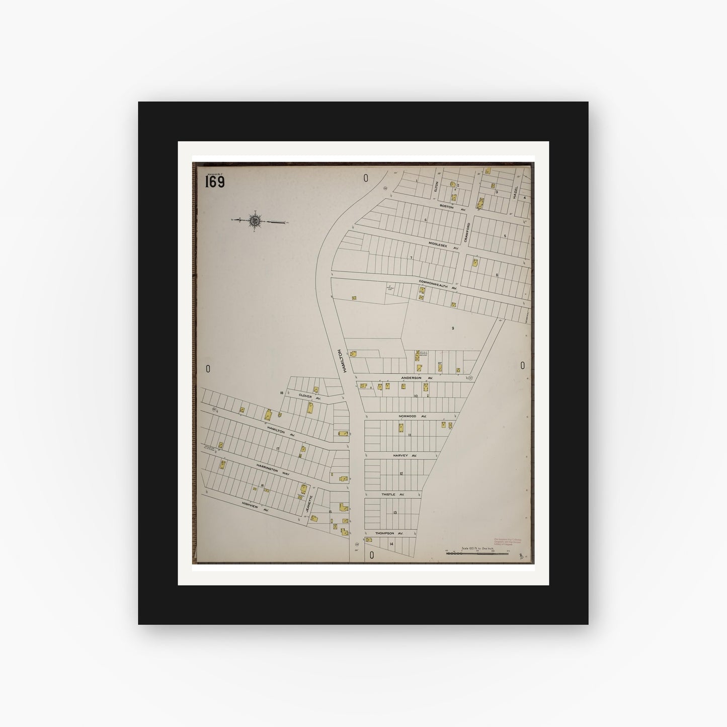 Old map wall art mockup — black gallery frame with white mat — Sanborn Fire Insurance Map from Worcester, Worcester County, Massachusetts (1910), Sheet #0169