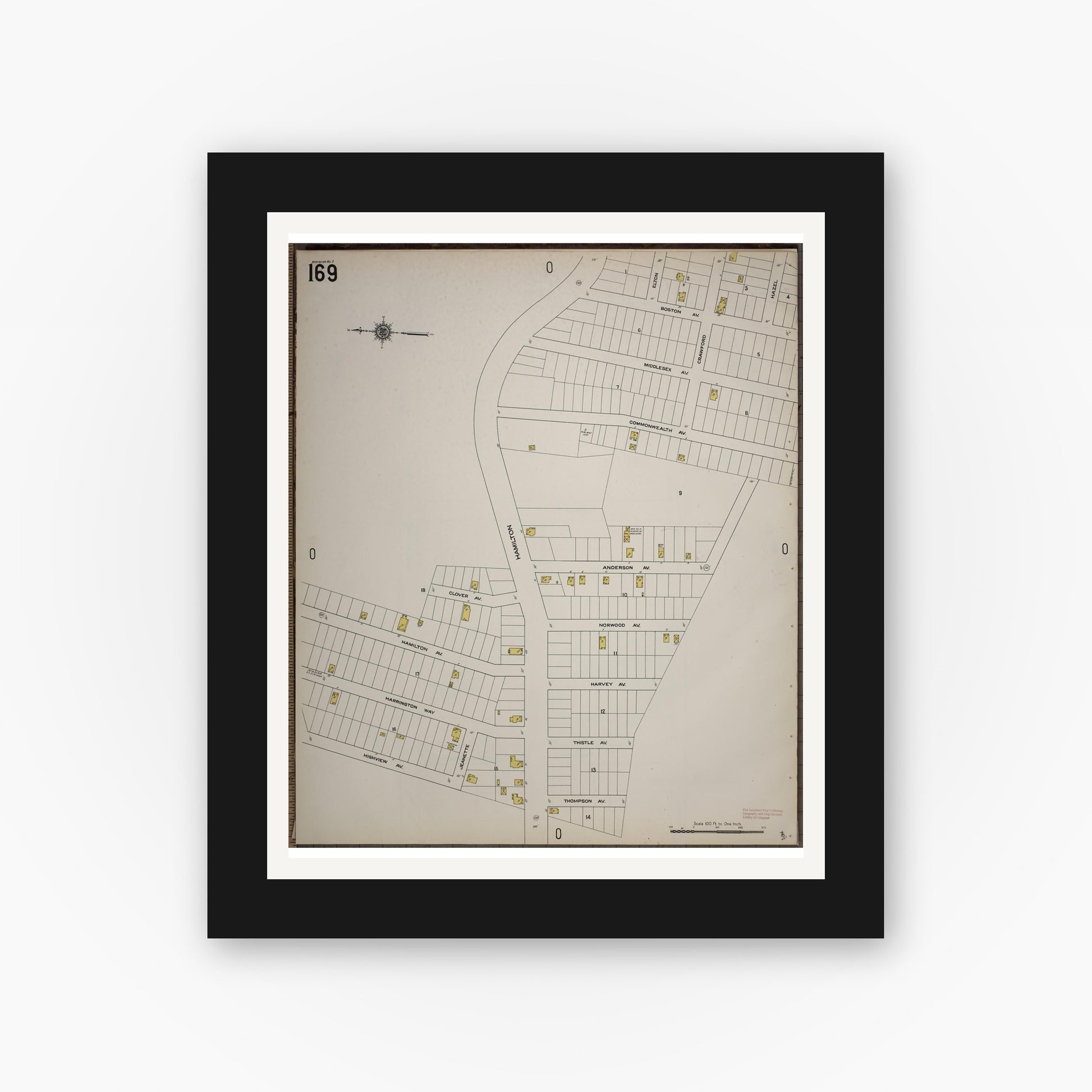 Old map wall art mockup — black gallery frame with white mat — Sanborn Fire Insurance Map from Worcester, Worcester County, Massachusetts (1910), Sheet #0169