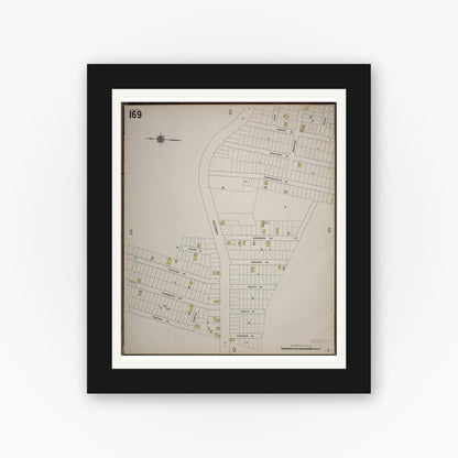 Old map wall art mockup — black gallery frame with white mat — Sanborn Fire Insurance Map from Worcester, Worcester County, Massachusetts (1910), Sheet #0169