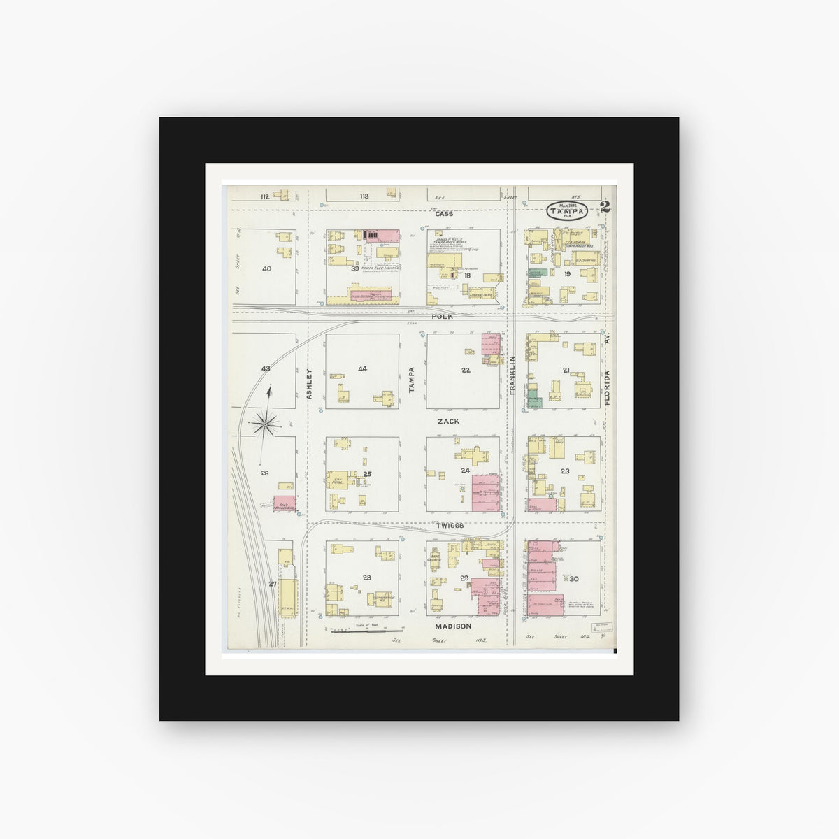 Old map wall art mockup — black gallery frame with white mat — Sanborn Fire Insurance Map from Tampa, Hillsborough County, Florida (1892), Sheet #0002