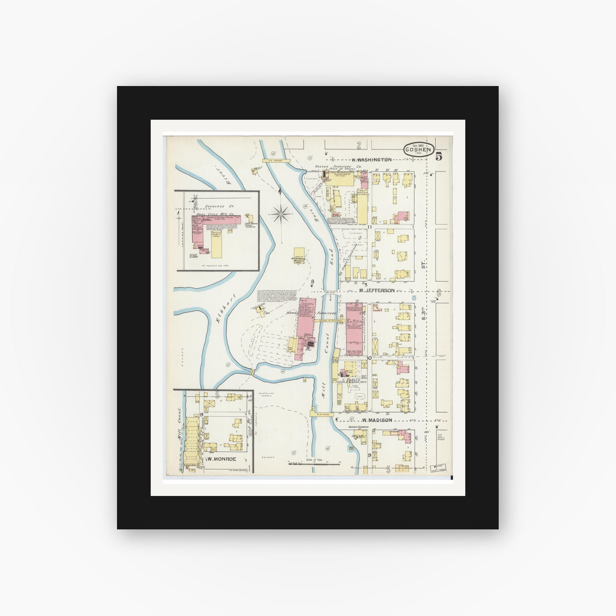 Old map wall art mockup — black gallery frame with white mat — Sanborn Fire Insurance Map from Goshen, Elkhart County, Indiana (1892), Sheet #0005