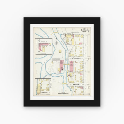 Old map wall art mockup — black gallery frame with white mat — Sanborn Fire Insurance Map from Goshen, Elkhart County, Indiana (1892), Sheet #0005