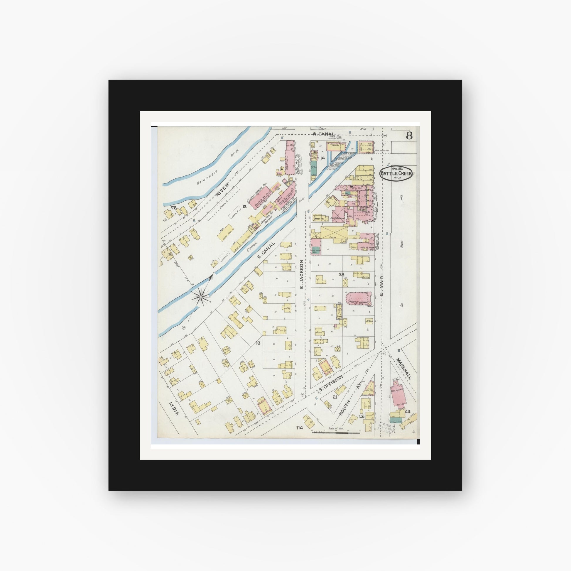 Old map wall art mockup — black gallery frame with white mat — Sanborn Fire Insurance Map from Battle Creek, Calhoun County, Michigan (1892), Sheet #0008
