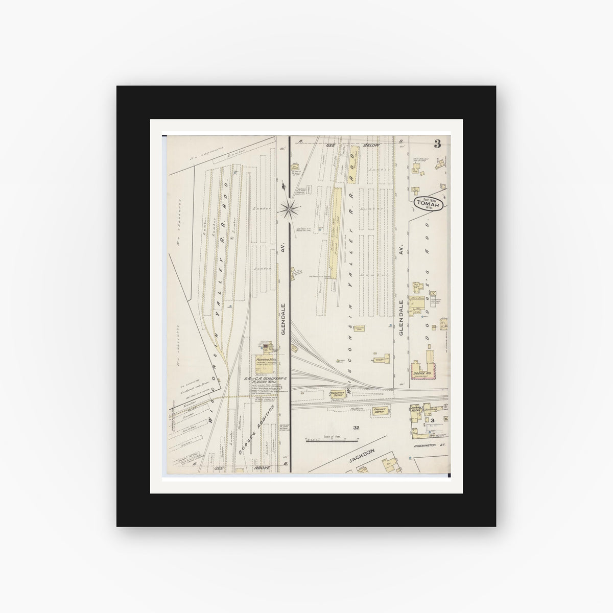 Old map wall art mockup — black gallery frame with white mat — Sanborn Fire Insurance Map from Tomah, Monroe County, Wisconsin (1885), Sheet #0003