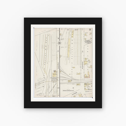 Old map wall art mockup — black gallery frame with white mat — Sanborn Fire Insurance Map from Tomah, Monroe County, Wisconsin (1885), Sheet #0003
