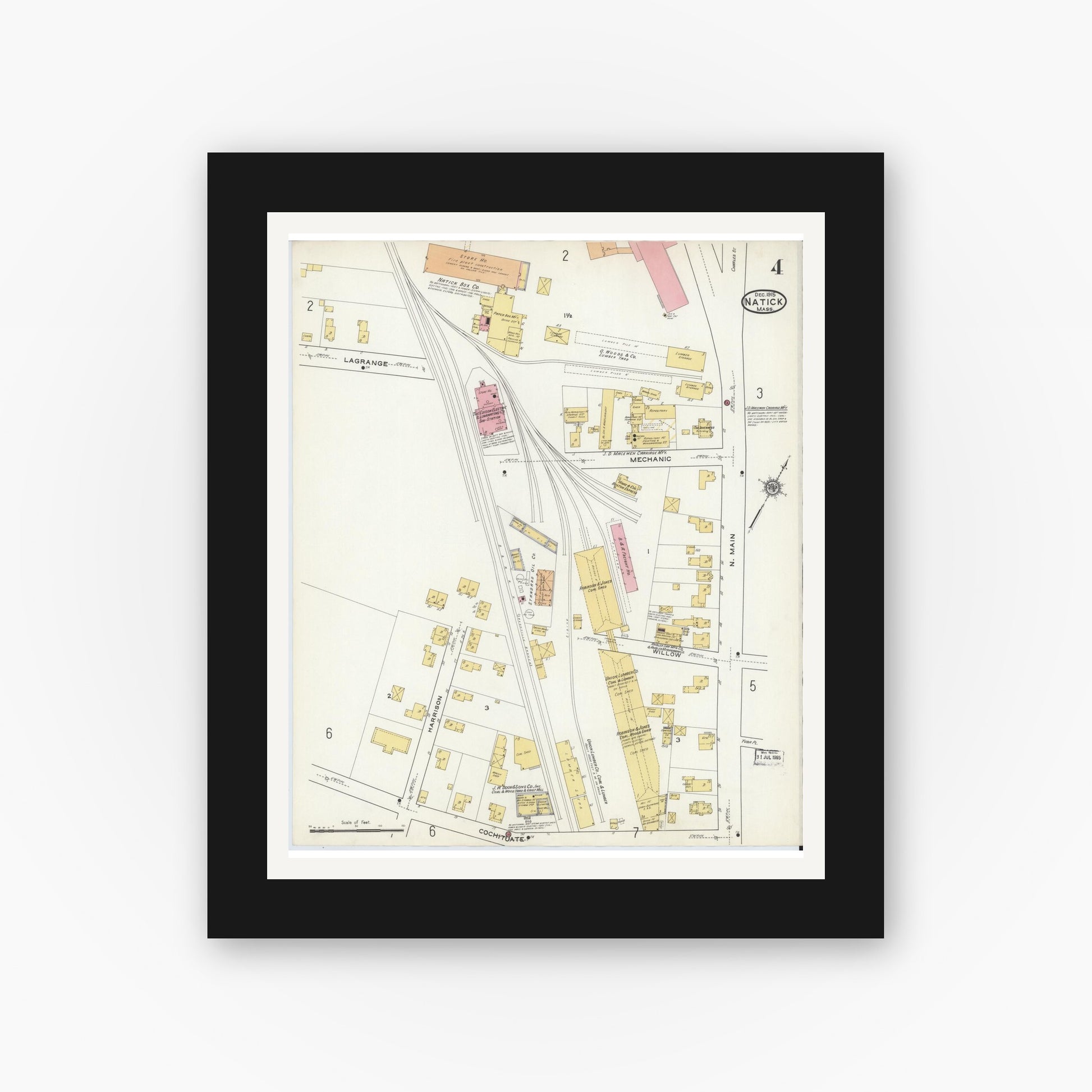 Old map wall art mockup — black gallery frame with white mat — Sanborn Fire Insurance Map from Natick, Middlesex County, Massachusetts (1915), Sheet #0004