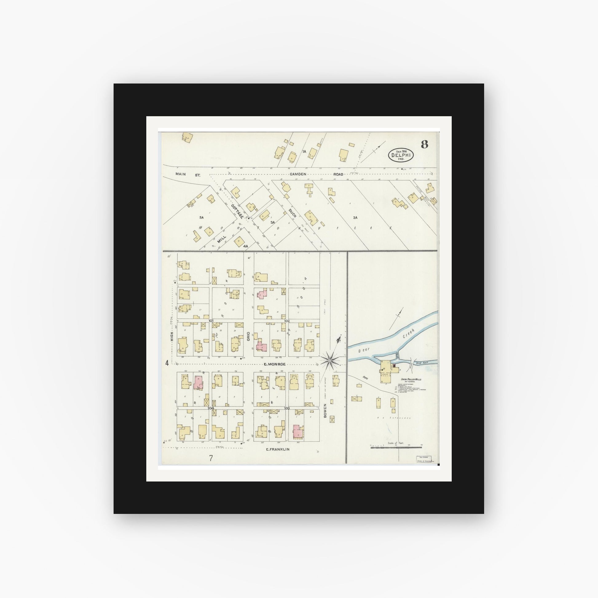 Old map wall art mockup — black gallery frame with white mat — Sanborn Fire Insurance Map from Delphi, Carroll County, Indiana (1906), Sheet #0008