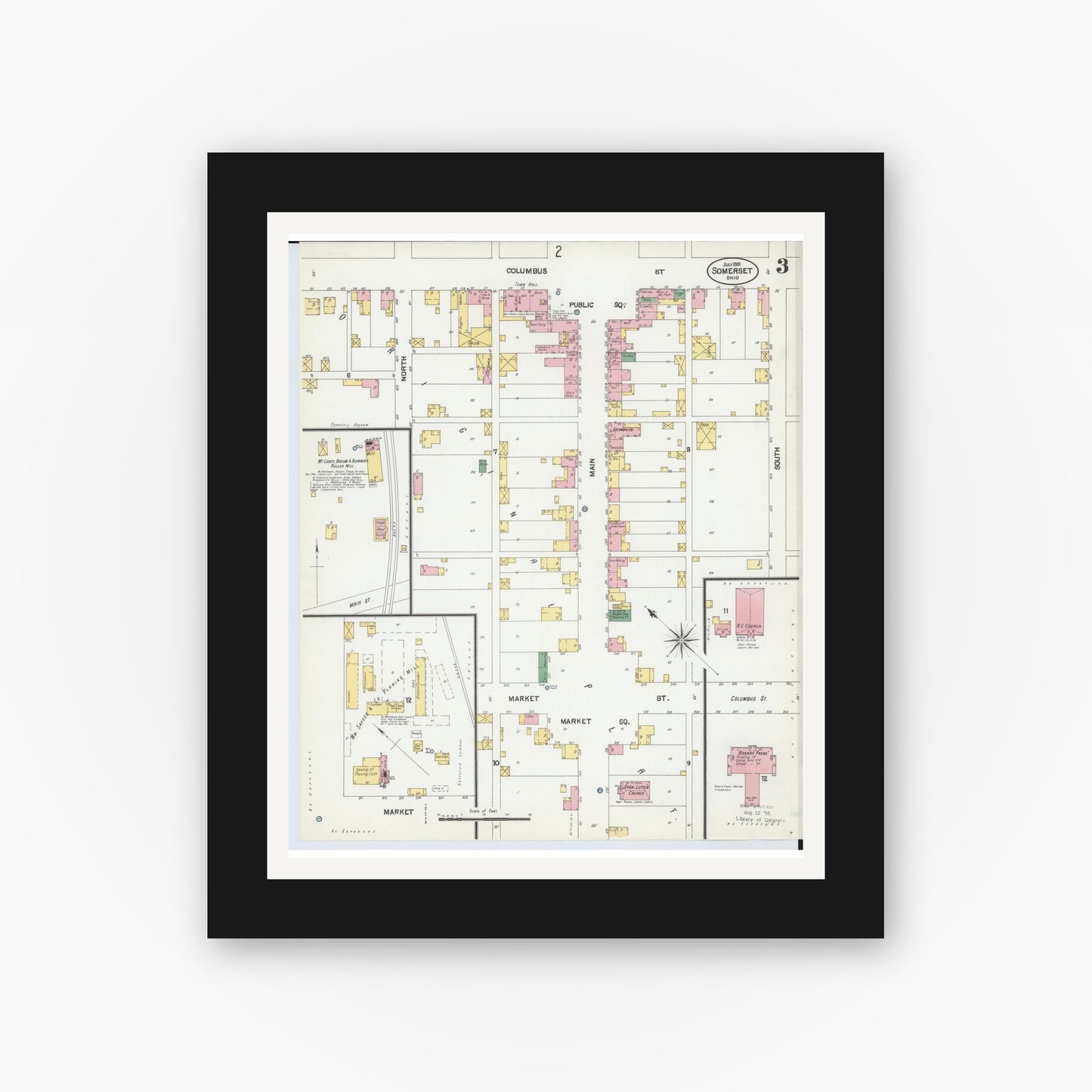 Old map wall art mockup — black gallery frame with white mat — Sanborn Fire Insurance Map from Somerset, Perry County, Ohio (1901), Sheet #0003