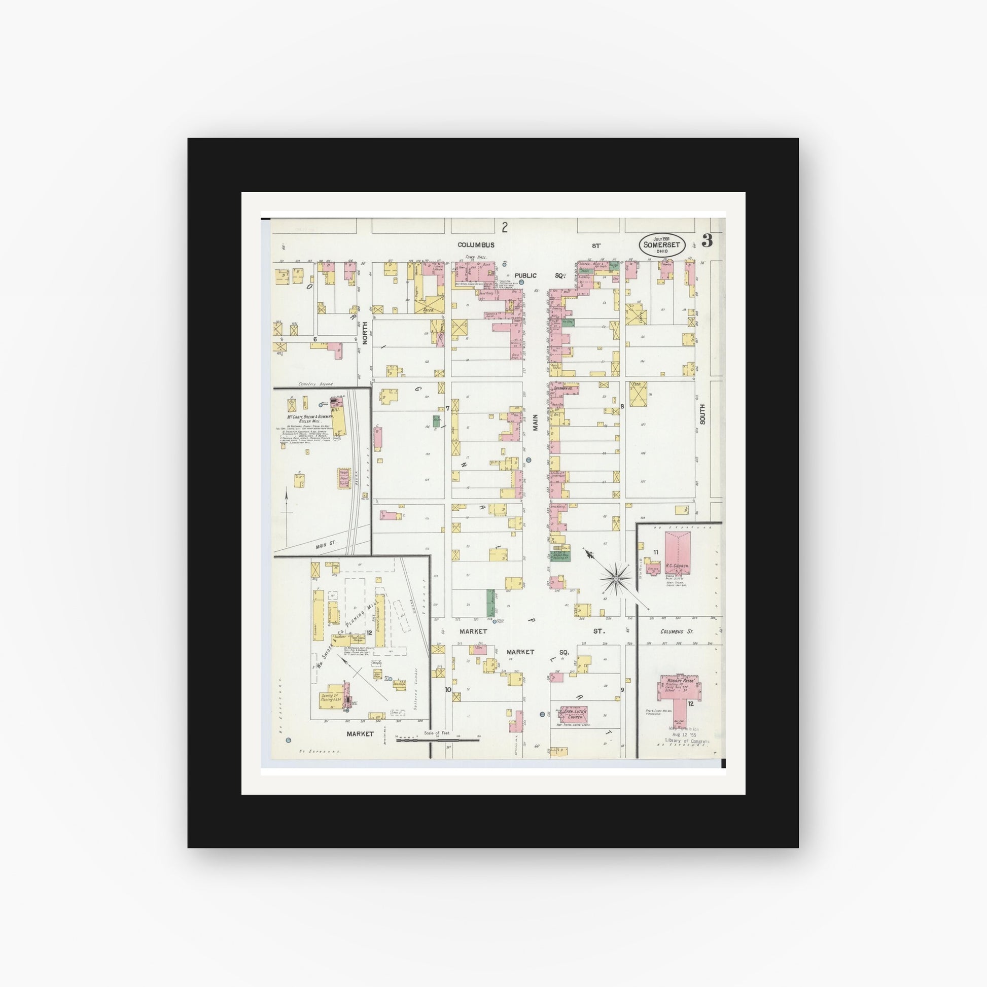Old map wall art mockup — black gallery frame with white mat — Sanborn Fire Insurance Map from Somerset, Perry County, Ohio (1901), Sheet #0003