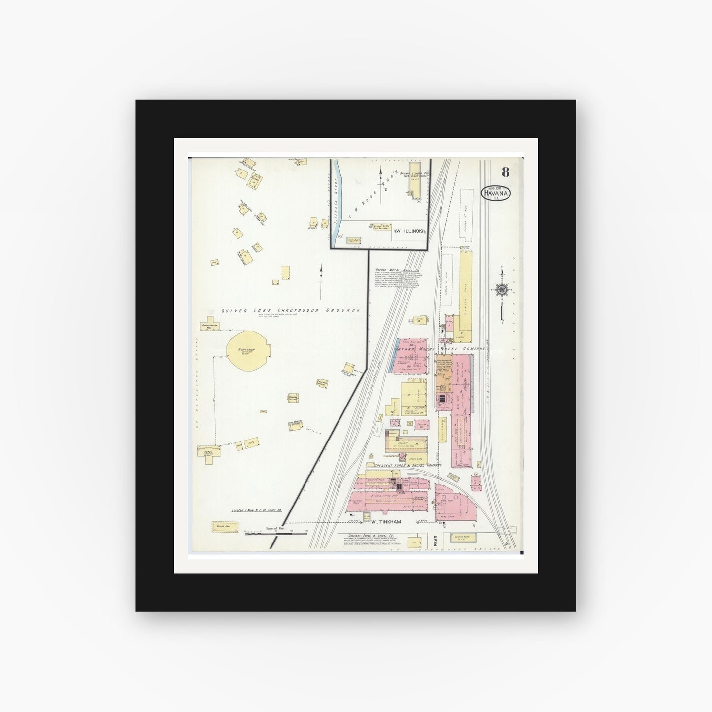 Old map wall art mockup — black gallery frame with white mat — Sanborn Fire Insurance Map from Havana, Mason County, Illinois (1914), Sheet #0008