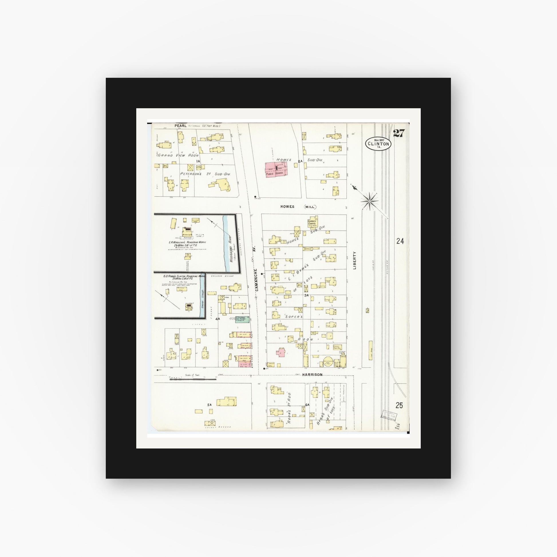 Old map wall art mockup — black gallery frame with white mat — Sanborn Fire Insurance Map from Clinton, Clinton County, Iowa (1897), Sheet #0027