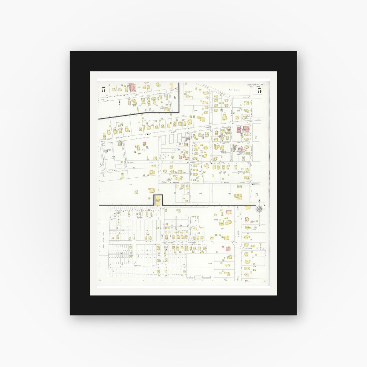 Old map wall art mockup — black gallery frame with white mat — Sanborn Fire Insurance Map from Henderson, Rusk County, Texas (1933), Sheet #0005