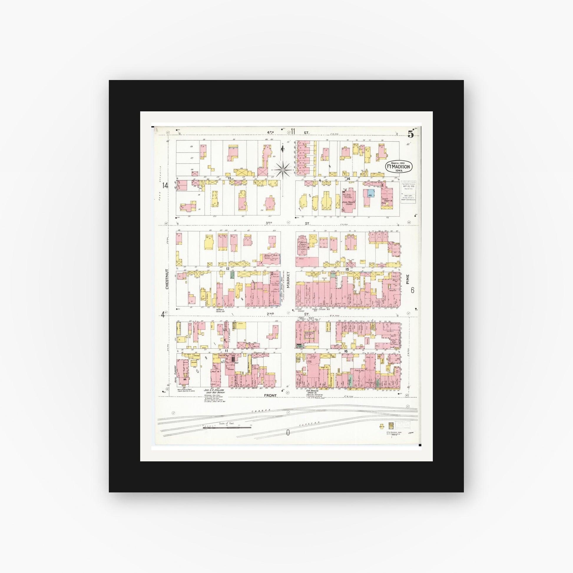 Old map wall art mockup — black gallery frame with white mat — Sanborn Fire Insurance Map from Fort Madison, Lee County, Iowa (1900), Sheet #0005