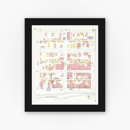 Old map wall art mockup — black gallery frame with white mat — Sanborn Fire Insurance Map from Fort Madison, Lee County, Iowa (1900), Sheet #0005