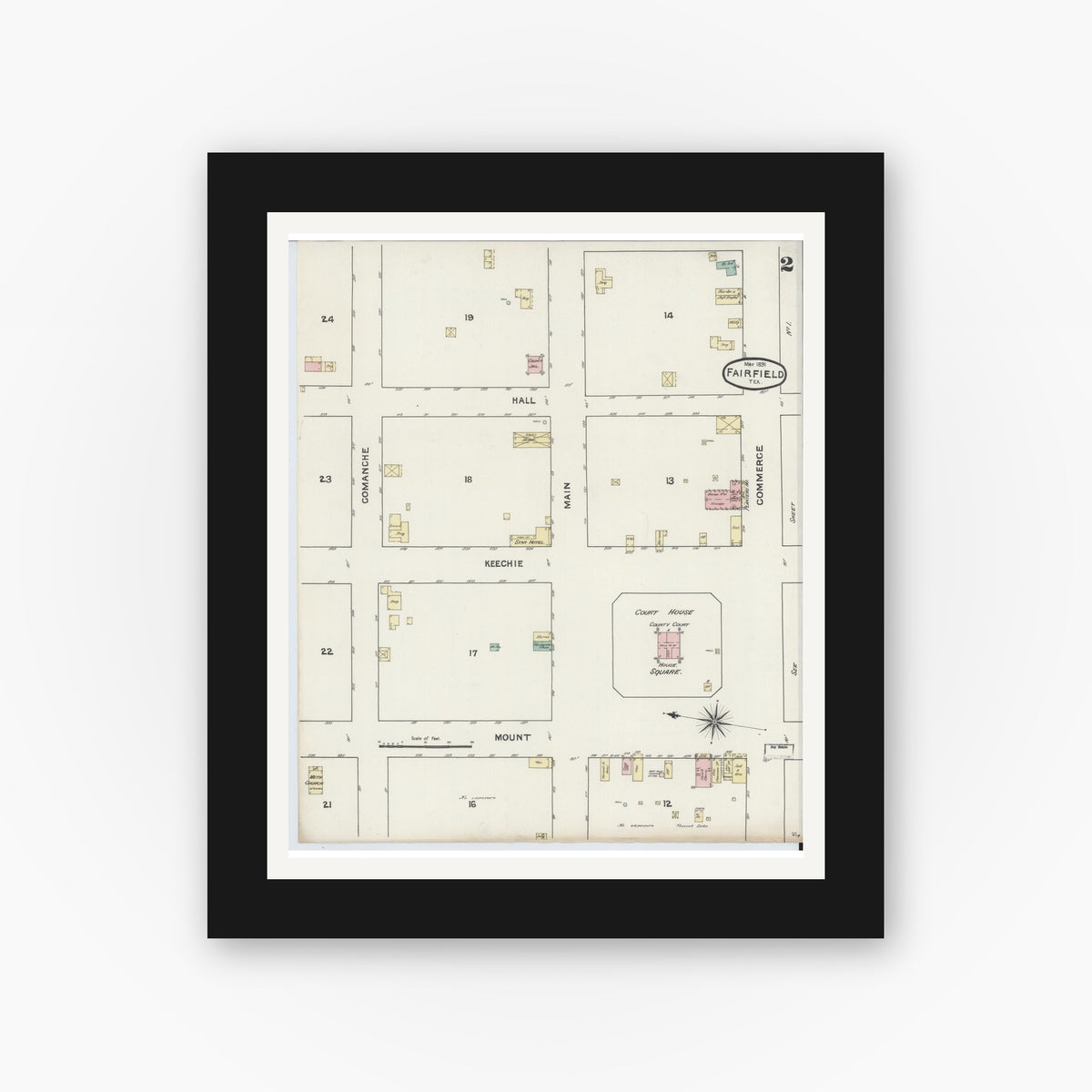 Old map wall art mockup — black gallery frame with white mat — Sanborn Fire Insurance Map from Fairfield, Freestone County, Texas (1891), Sheet #0002