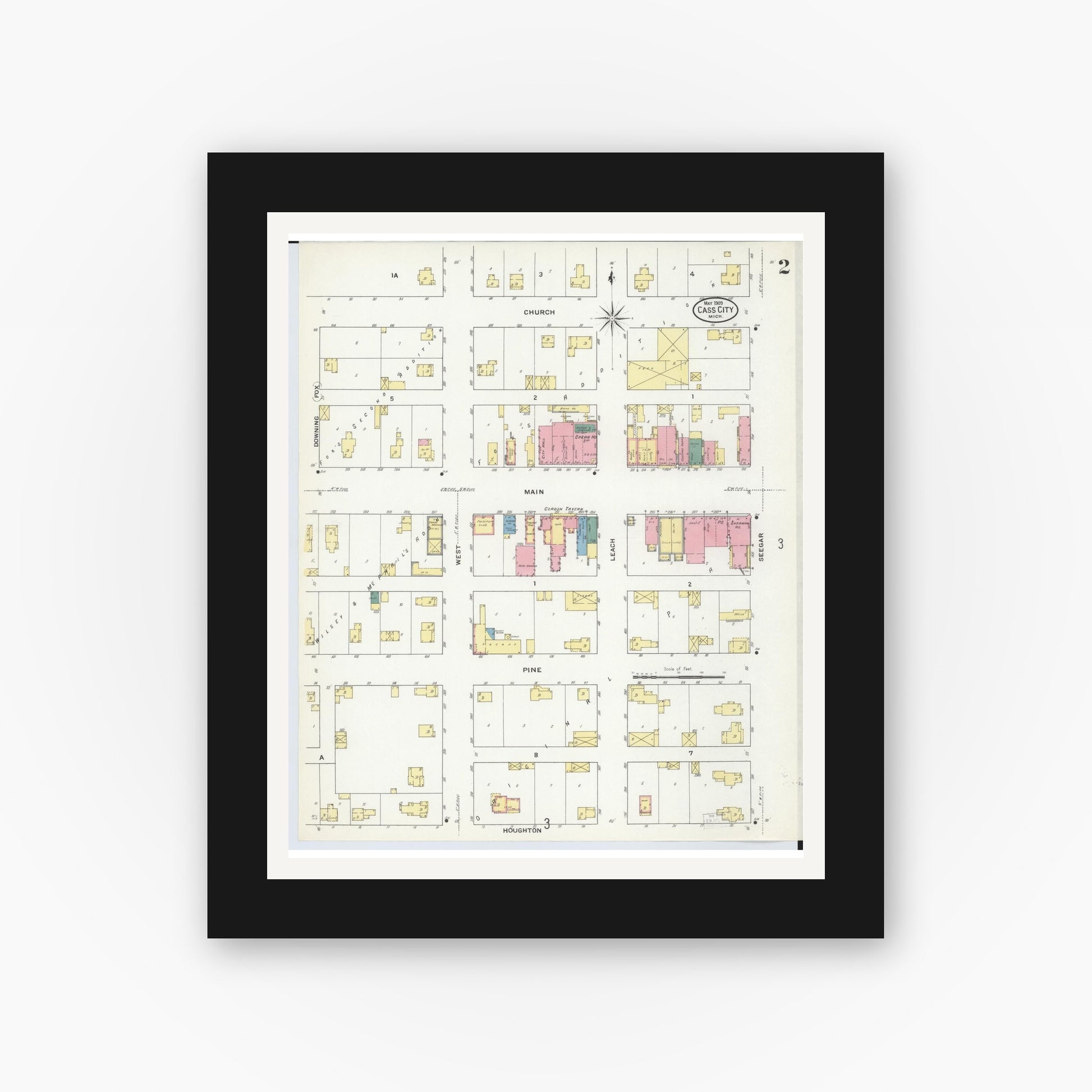 Old map wall art mockup — black gallery frame with white mat — Sanborn Fire Insurance Map from Cass City, Tuscola County, Michigan (1909), Sheet #0002