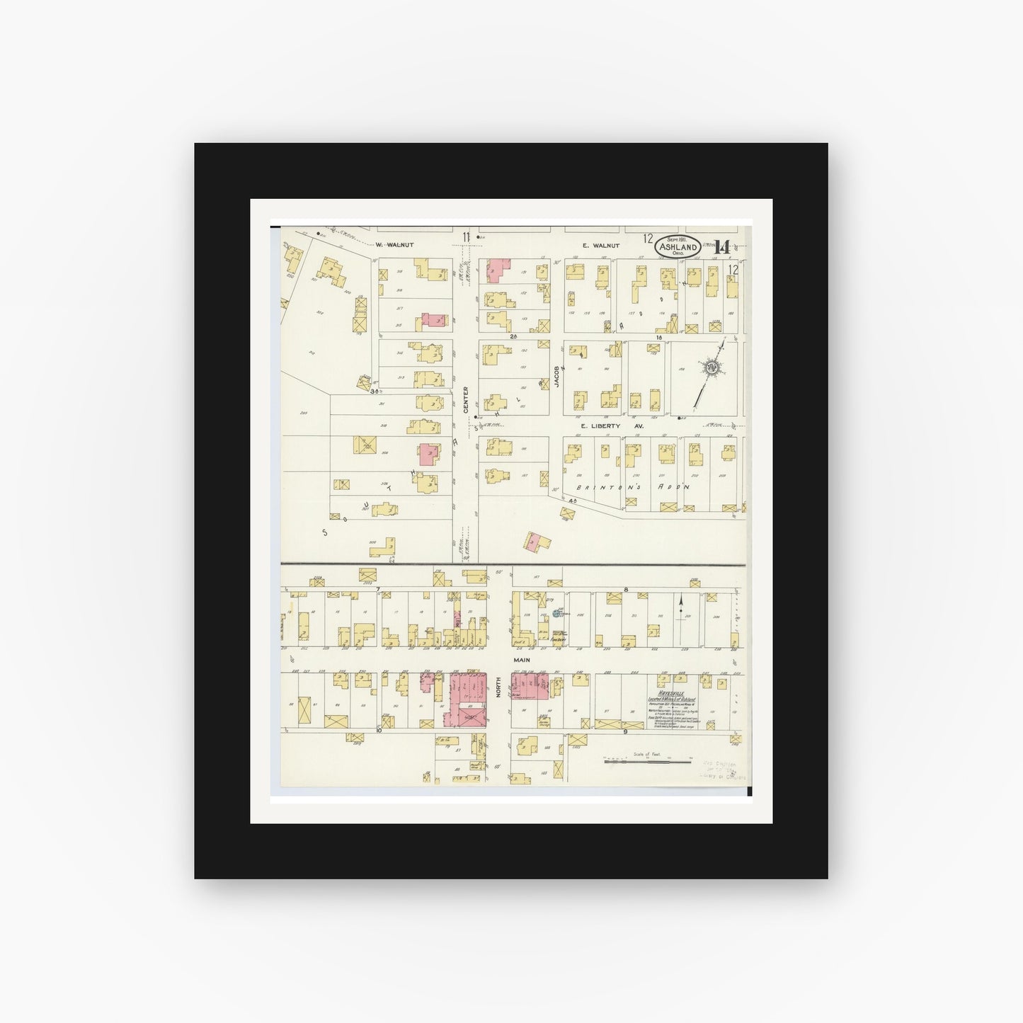 Old map wall art mockup — black gallery frame with white mat — Sanborn Fire Insurance Map from Ashland, Ashland County, Ohio (1911), Sheet #0014