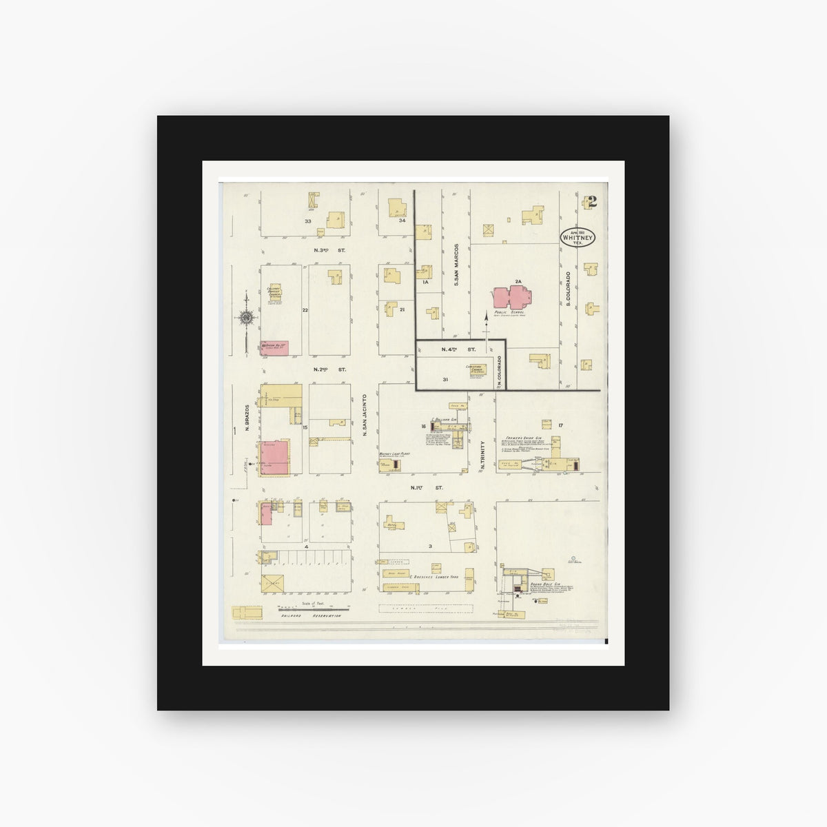 Old map wall art mockup — black gallery frame with white mat — Sanborn Fire Insurance Map from Whitney, Hill County, Texas (1911), Sheet #0002
