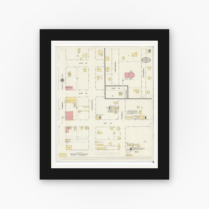 Old map wall art mockup — black gallery frame with white mat — Sanborn Fire Insurance Map from Whitney, Hill County, Texas (1911), Sheet #0002