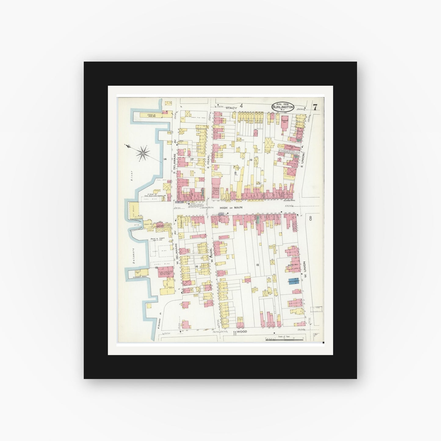 Old map wall art mockup — black gallery frame with white mat — Sanborn Fire Insurance Map from Burlington, Burlington County, New Jersey (1908), Sheet #0006