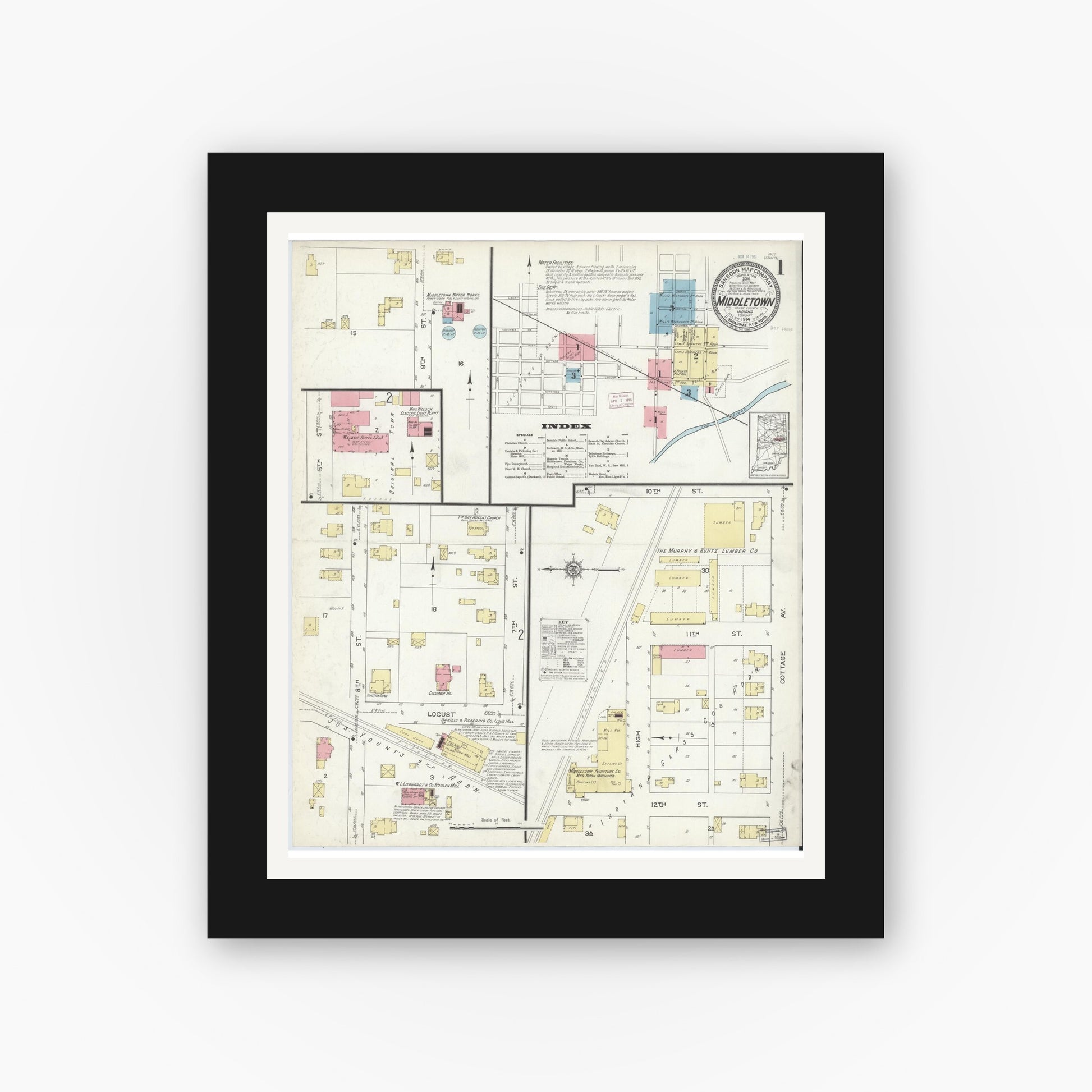 Old map wall art mockup — black gallery frame with white mat — Sanborn Fire Insurance Map from Middletown, Henry County, Indiana (1914) - Complete Map Set