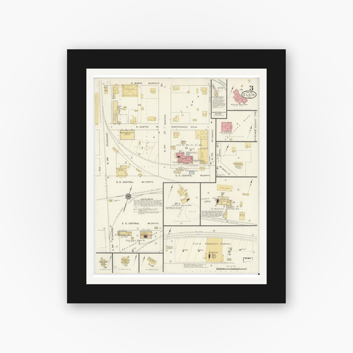 Old map wall art mockup — black gallery frame with white mat — Sanborn Fire Insurance Map from Elgin, Bastrop County, Texas (1916), Sheet #0003