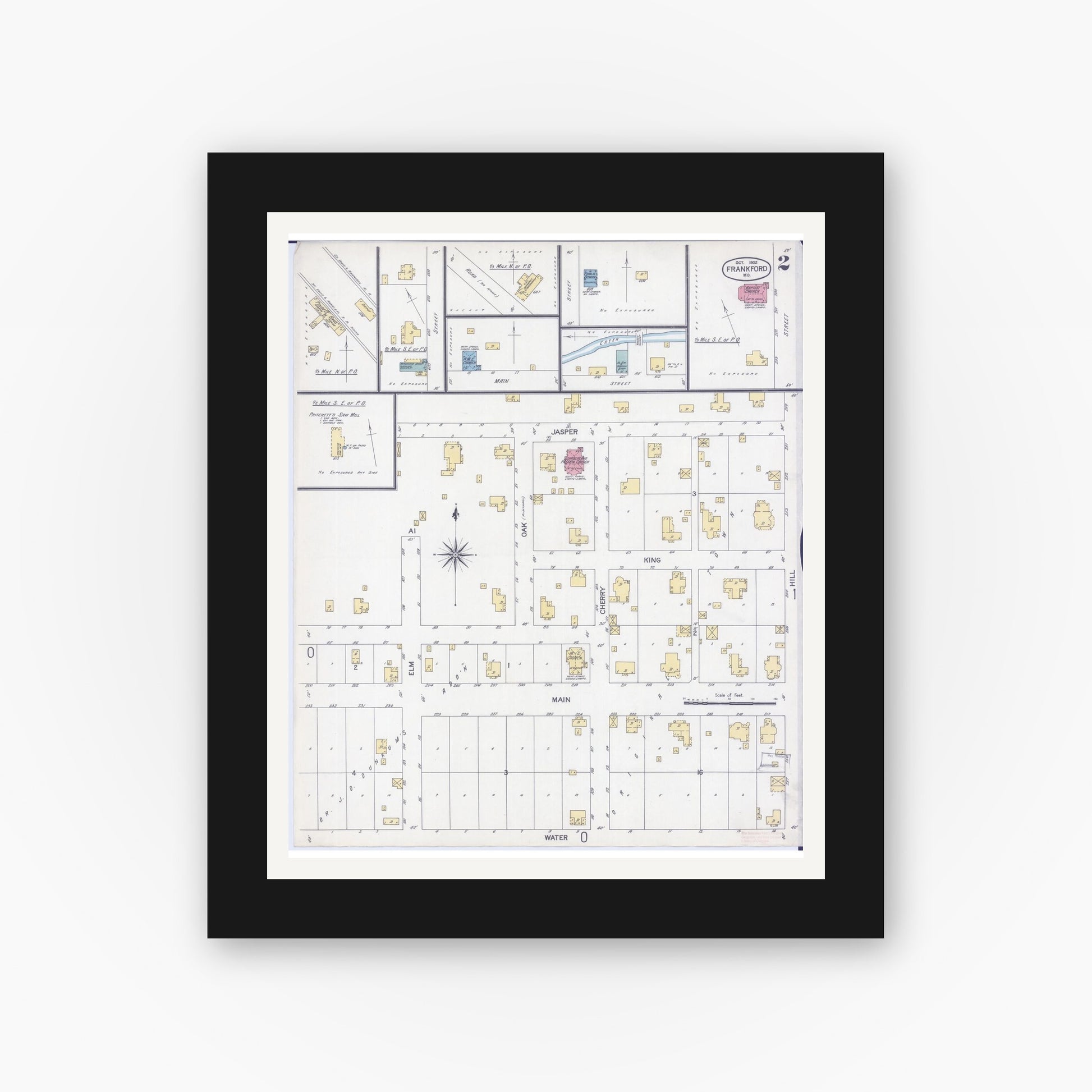 Old map wall art mockup — black gallery frame with white mat — Sanborn Fire Insurance Map from Frankford, Pike County, Missouri (1902), Sheet #0002