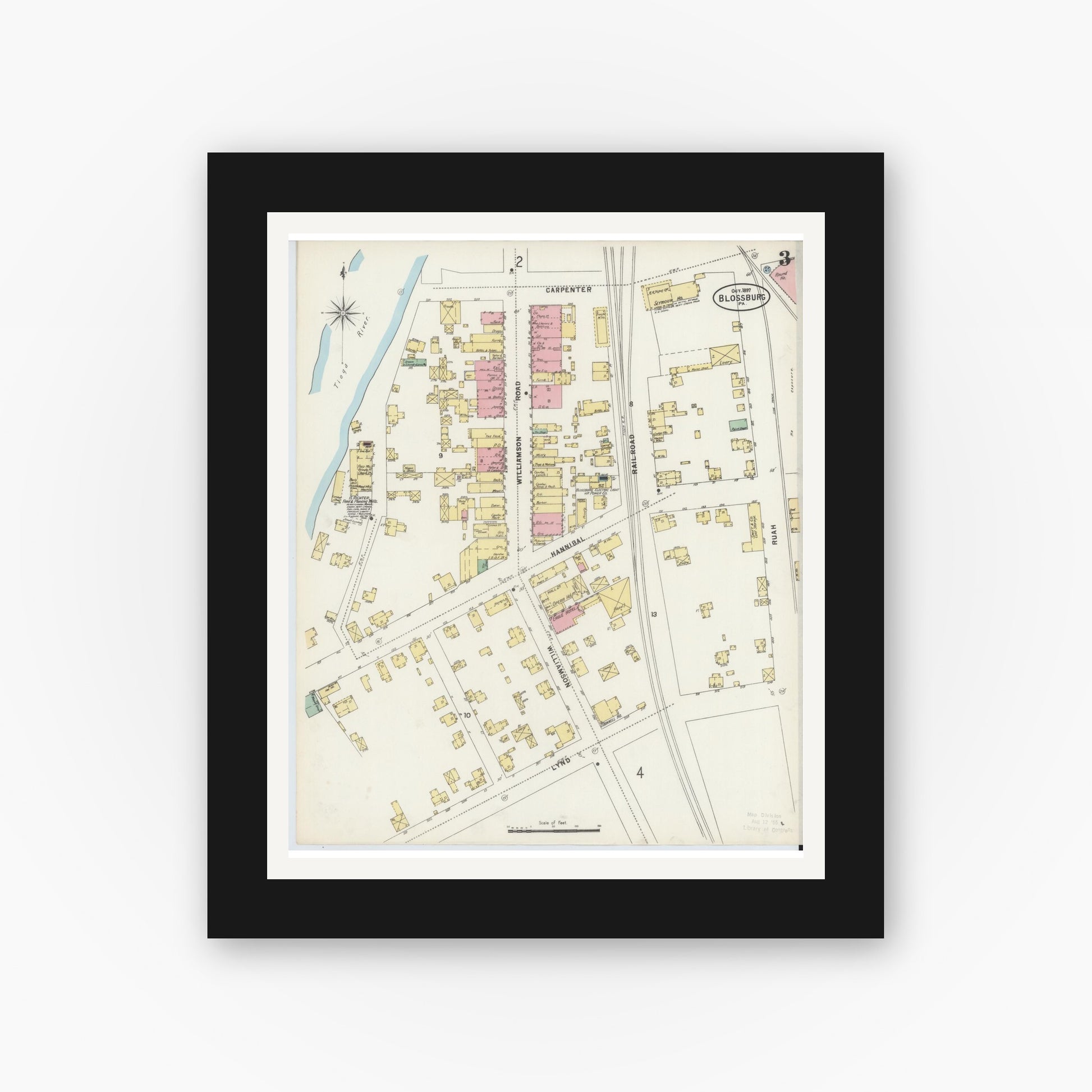 Old map wall art mockup — black gallery frame with white mat — Sanborn Fire Insurance Map from Blossburg, Tioga County, Pennsylvania (1897), Sheet #0003