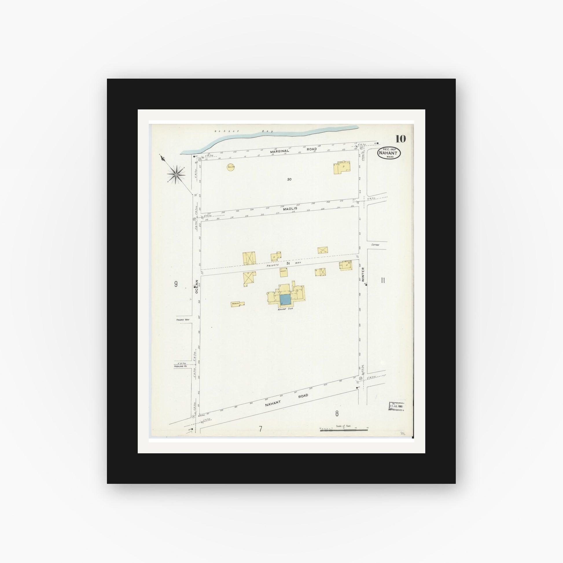 Old map wall art mockup — black gallery frame with white mat — Sanborn Fire Insurance Map from Nahant, Essex County, Massachusetts (1907), Sheet #0010