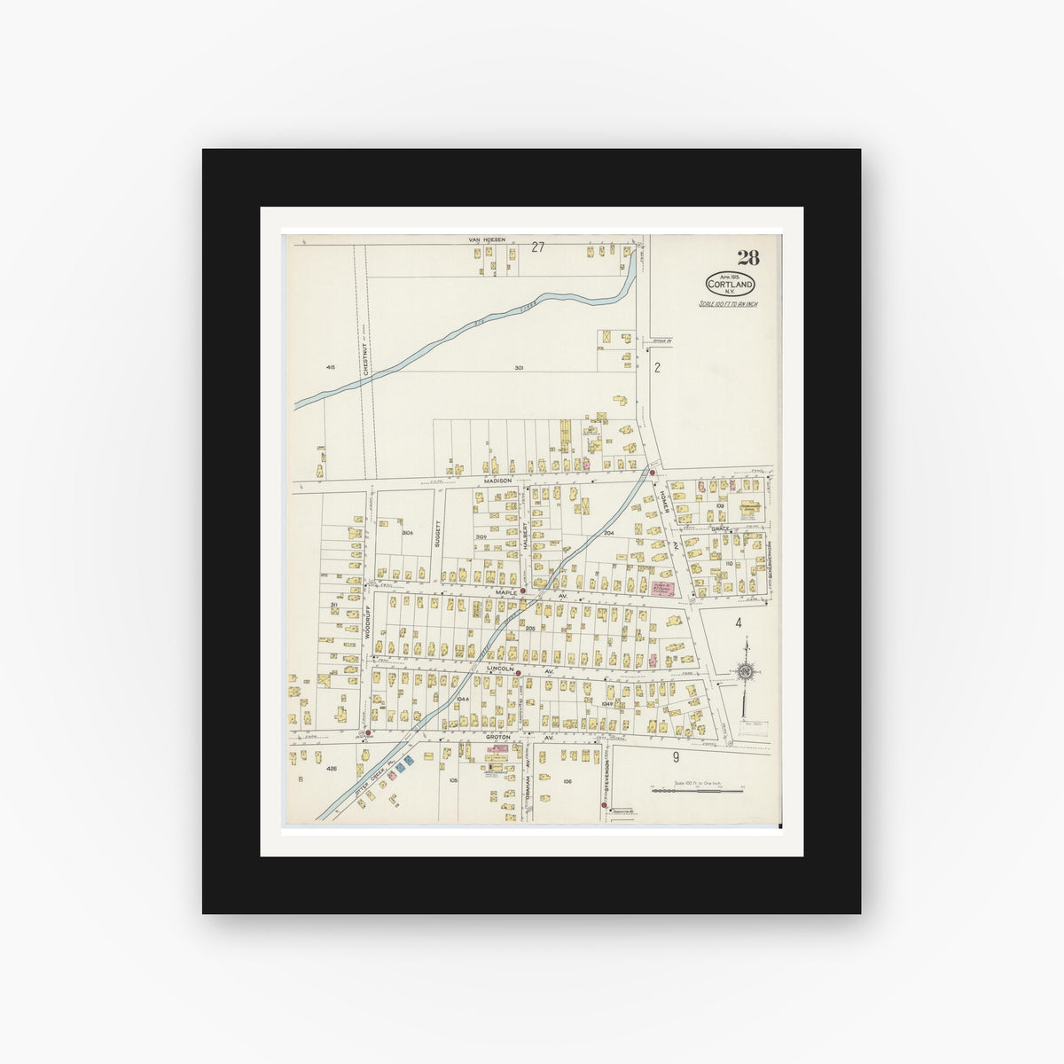 Old map wall art mockup — black gallery frame with white mat — Sanborn Fire Insurance Map from Cortland, Cortland County, New York (1915), Sheet #0028