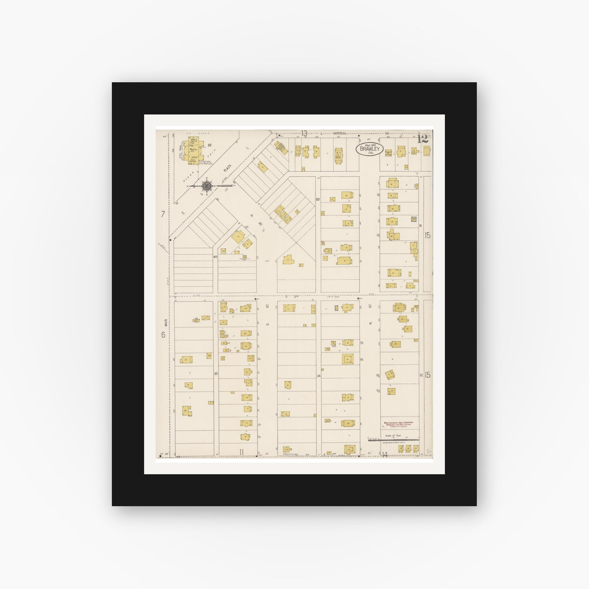 Old map wall art mockup — black gallery frame with white mat — Sanborn Fire Insurance Map from Brawley, Imperial County, California (1922), Sheet #0012