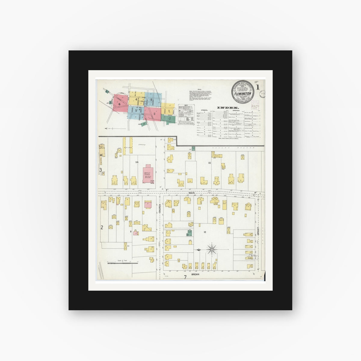 Old map wall art mockup — black gallery frame with white mat — Sanborn Fire Insurance Map from Flemington, Hunterdon County, New Jersey (1902) - Complete Map Set