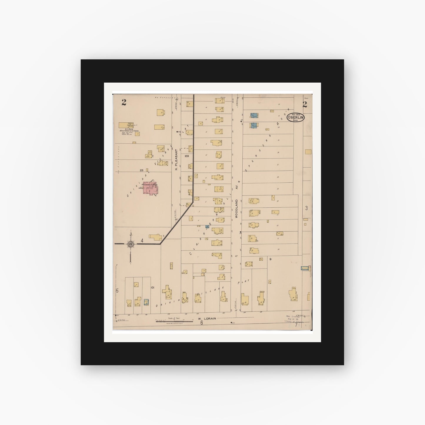 Old map wall art mockup — black gallery frame with white mat — Sanborn Fire Insurance Map from Oberlin, Lorain County, Ohio (1922), Sheet #0002