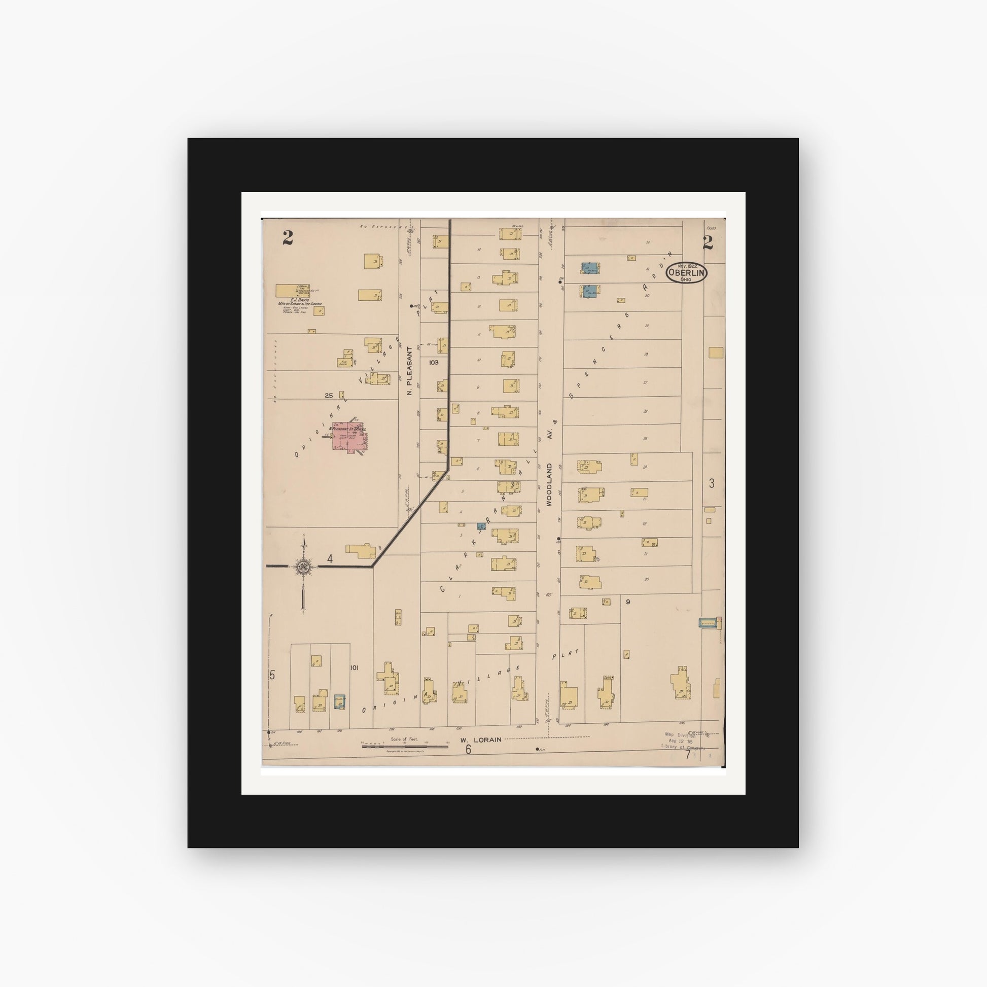 Old map wall art mockup — black gallery frame with white mat — Sanborn Fire Insurance Map from Oberlin, Lorain County, Ohio (1922), Sheet #0002