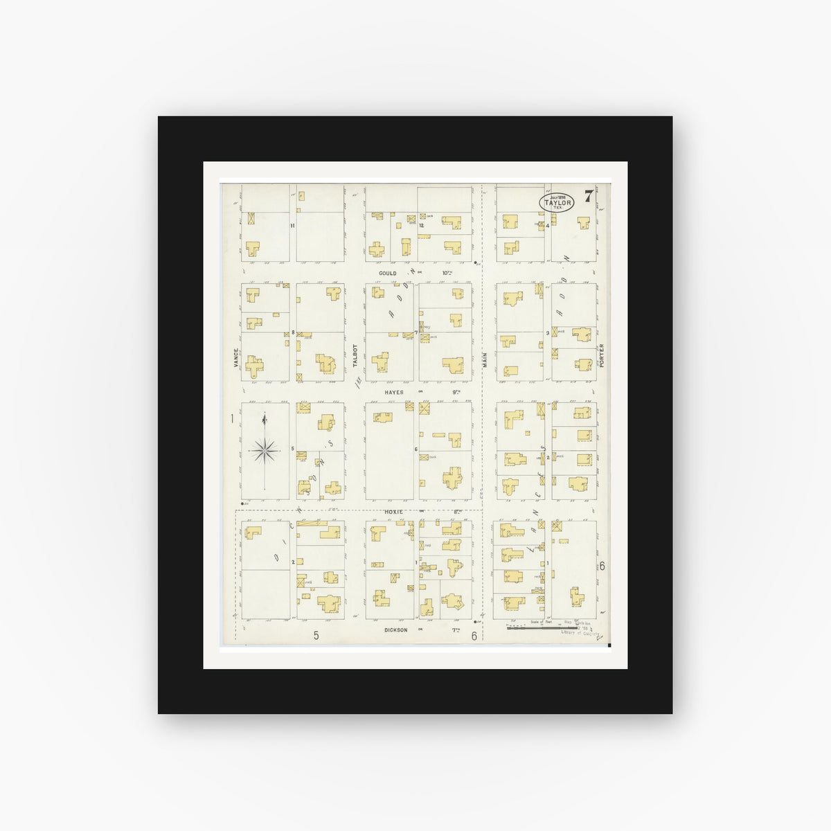 Old map wall art mockup — black gallery frame with white mat — Sanborn Fire Insurance Map from Taylor, Williamson County, Texas (1898), Sheet #0007