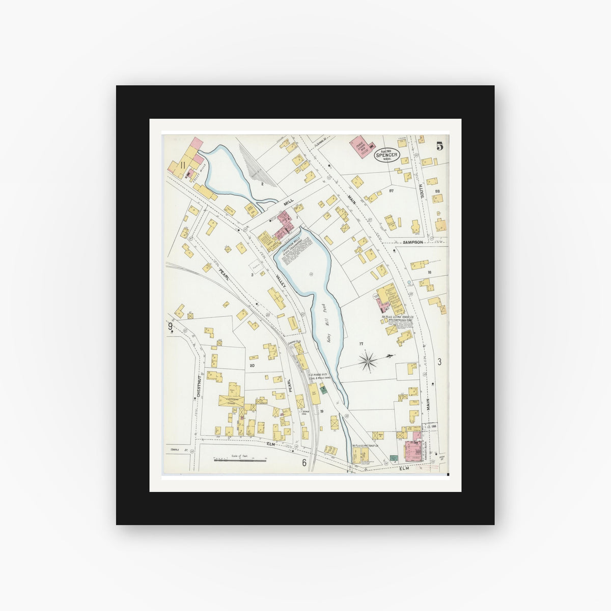 Old map wall art mockup — black gallery frame with white mat — Sanborn Fire Insurance Map from Spencer, Worcester County, Massachusetts (1901), Sheet #0005