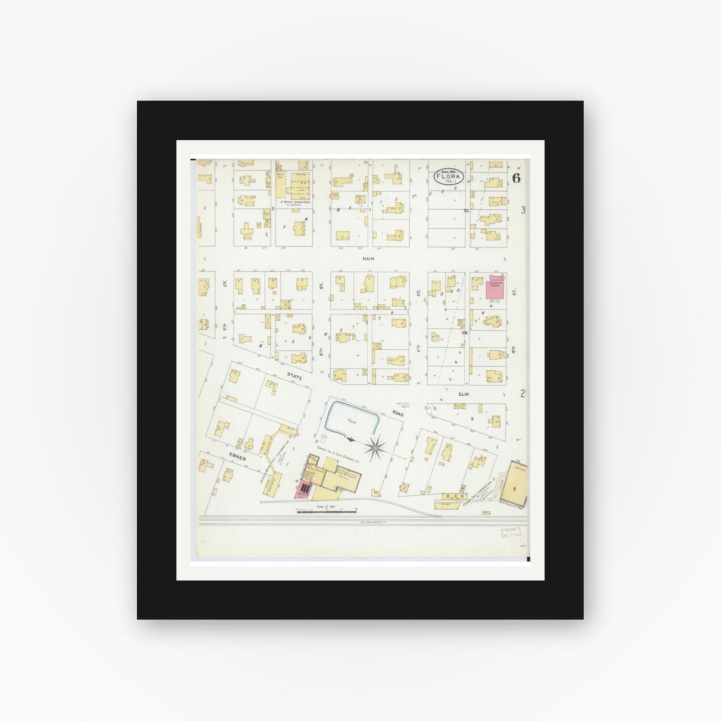 Old map wall art mockup — black gallery frame with white mat — Sanborn Fire Insurance Map from Flora, Clay County, Illinois (1906), Sheet #0006