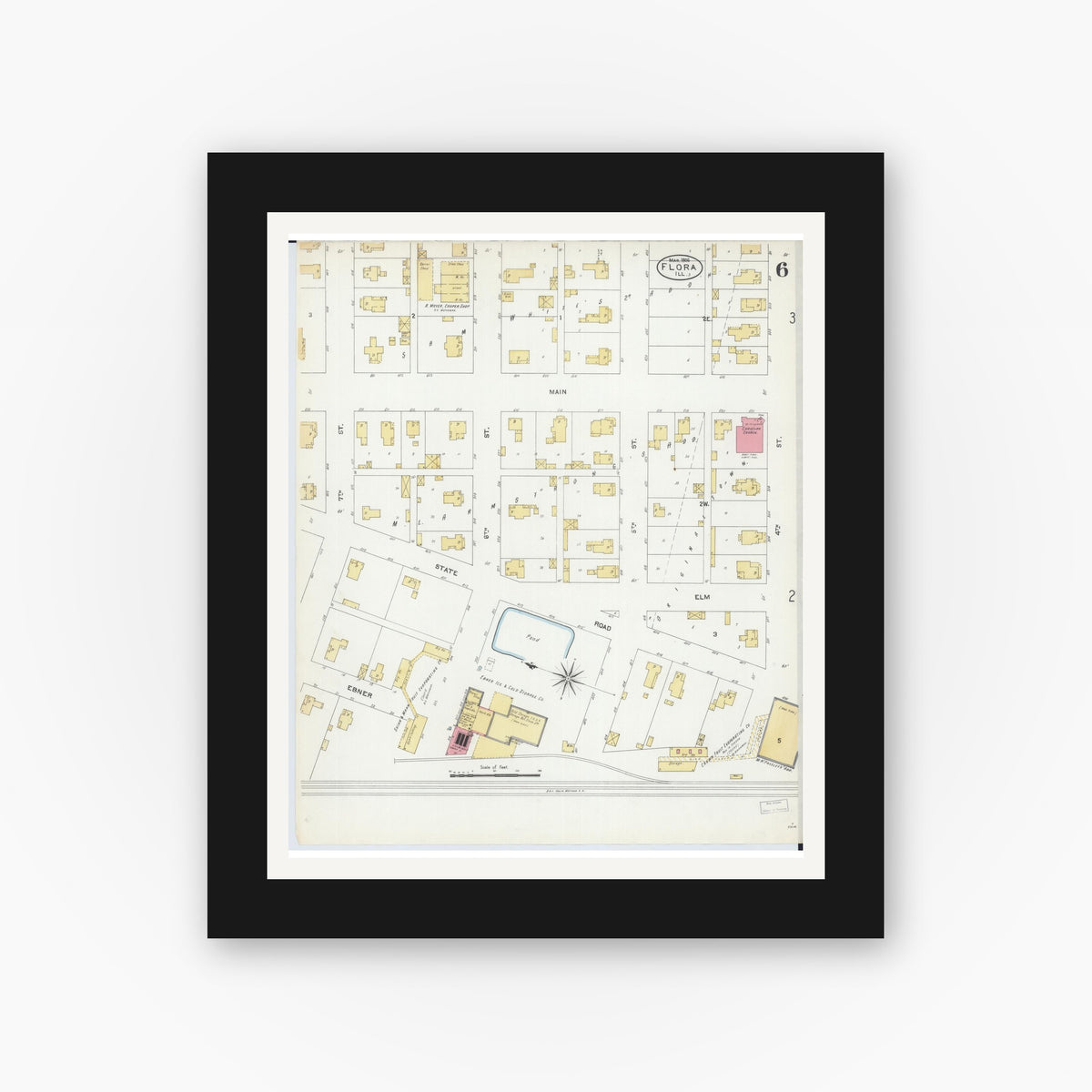 Old map wall art mockup — black gallery frame with white mat — Sanborn Fire Insurance Map from Flora, Clay County, Illinois (1906), Sheet #0006