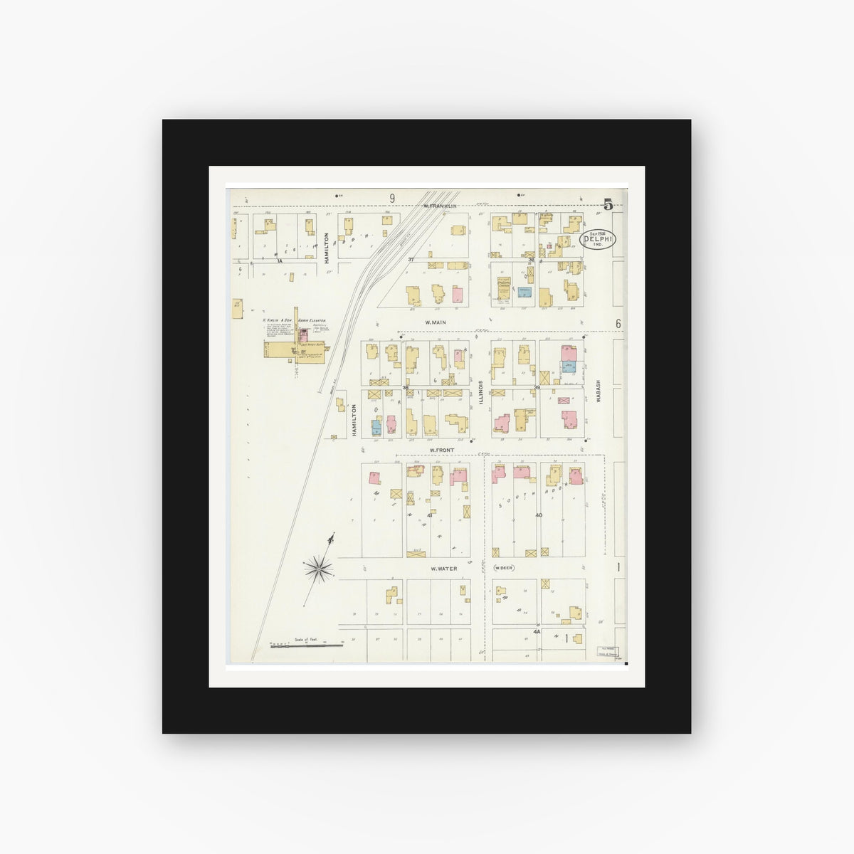 Old map wall art mockup — black gallery frame with white mat — Sanborn Fire Insurance Map from Delphi, Carroll County, Indiana (1906), Sheet #0005