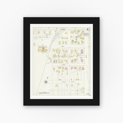 Old map wall art mockup — black gallery frame with white mat — Sanborn Fire Insurance Map from Delphi, Carroll County, Indiana (1906), Sheet #0005