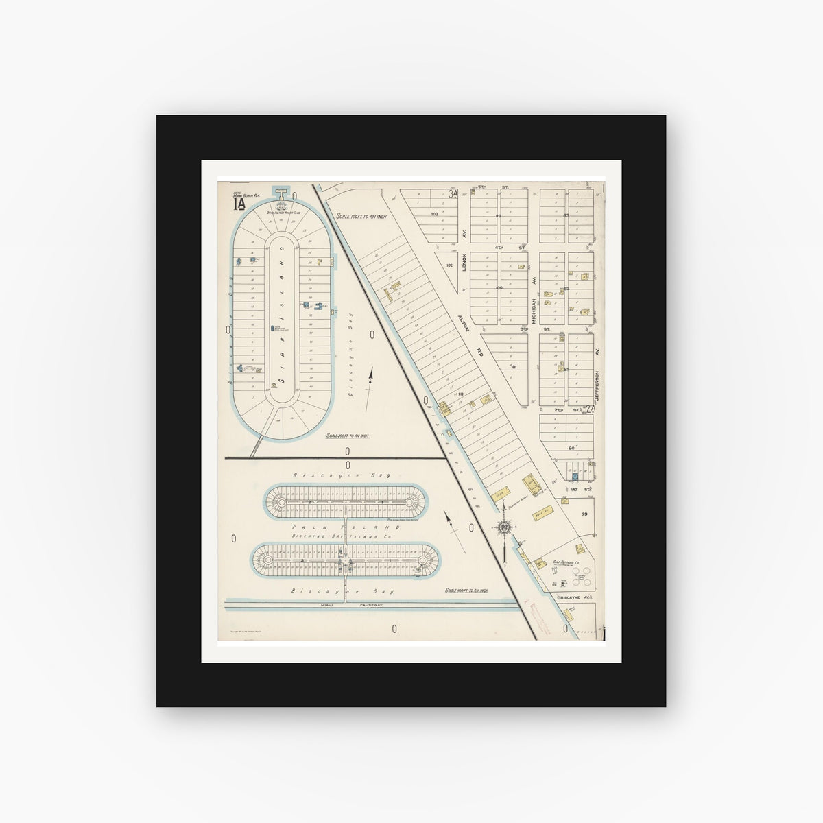 Old map wall art mockup — black gallery frame with white mat — Sanborn Fire Insurance Map from Miami Beach, Dade County, Florida (1921) - Complete Map Set